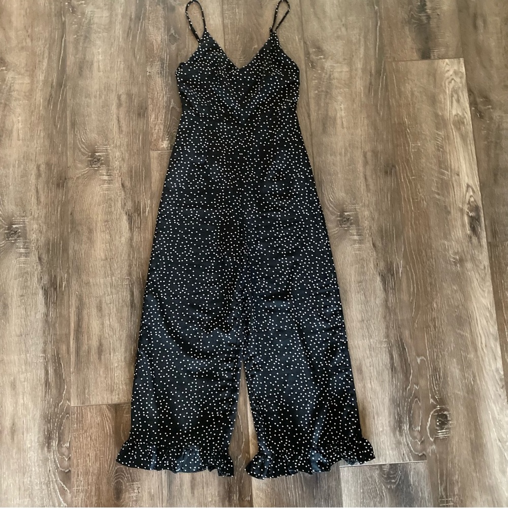 LF Black and White Polka Dot Spaghetti Strap Ruffle Crop Jumpsuit Size Small